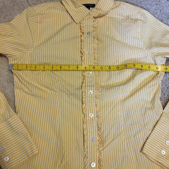 Lands' End Yellow & White Pinstripe Ruffle Trim Button Down Shirt - Picture 12 of 16